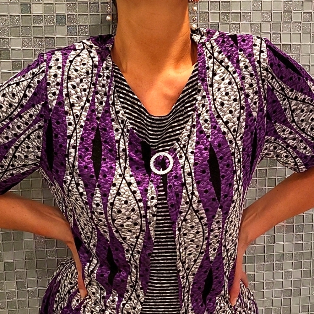 Abstract Print Blouse, Purple, Grey & Black, Rhinestone Brooch, M